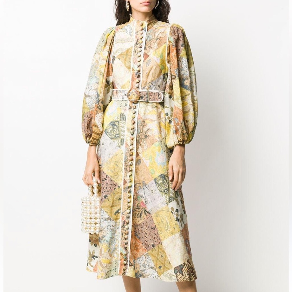 Zimmermann $895 Brightside Batik Belted Printed Linen Midi Dress Size 1 Mustard - Picture 3 of 12
